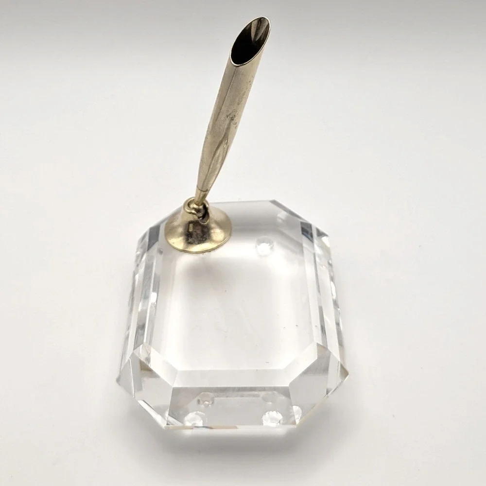 Asfour Crystal Emerald Cut Desk Pen Holder Gold-tone Swivel Base Fits Cross Pens